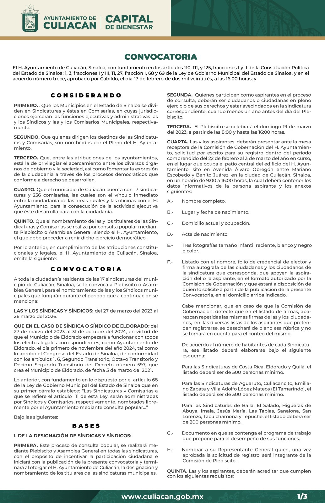 Cabildo aprueba Convocatoria para Plebiscito de Síndicas y Síndicos Municipales para el periodo 2023 – 2026